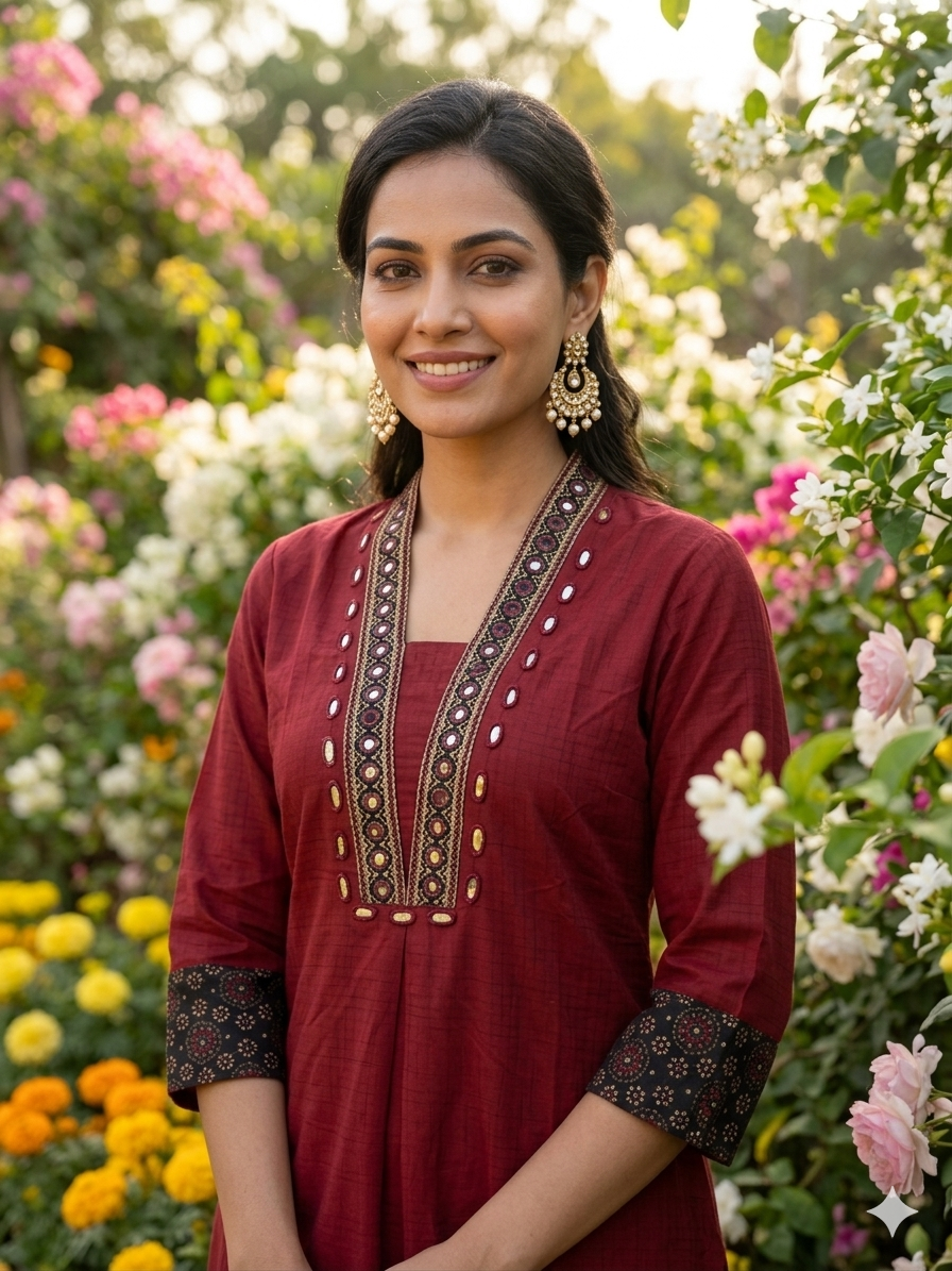Premium Cotton Co-Ord Set with V-Neck Top in Maroon Color - Design Code UT00243