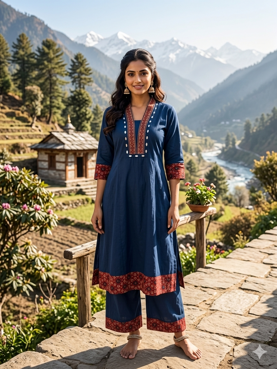 Premium Cotton Co-Ord Set with V-Neck Top in Blue Color - Design Code UT00244
