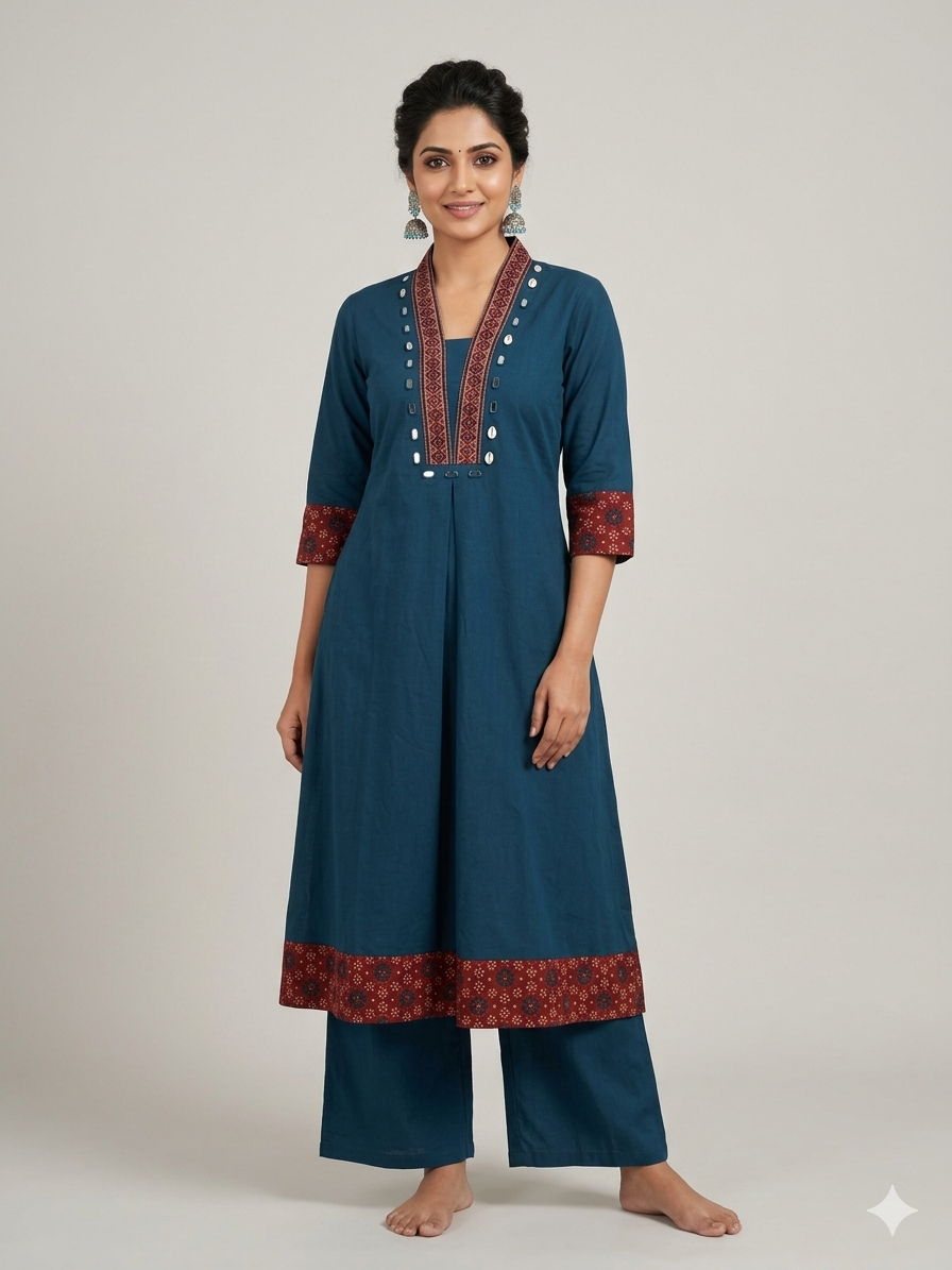 Premium Cotton Co-Ord Set with V-Neck Top in Blue Color - Design Code UT00244