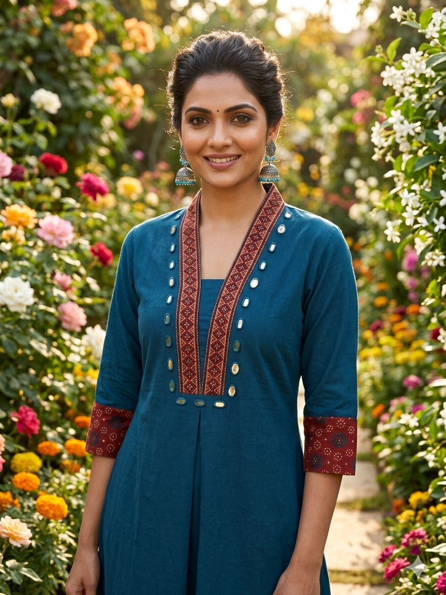 Premium Cotton Co-Ord Set with V-Neck Top in Blue Color - Design Code UT00244