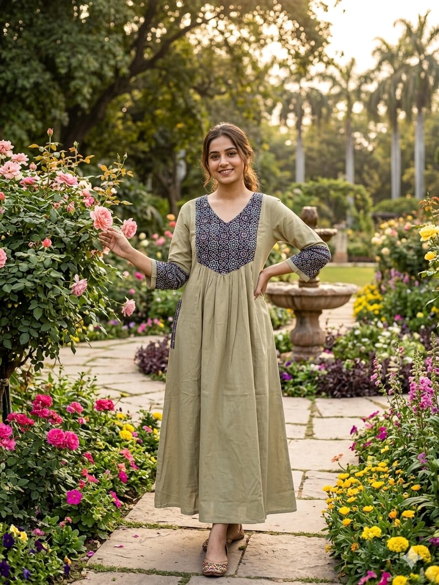 Beautiful Cotton Umbrella Cut Kurthi with Block Prints and Mirror Work - Design Code 249