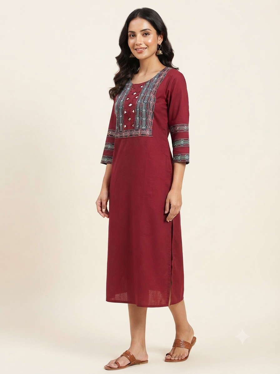 Beautiful Cotton Straight Cut Kurthi with Block Prints and Mirror Work - Design Code 253