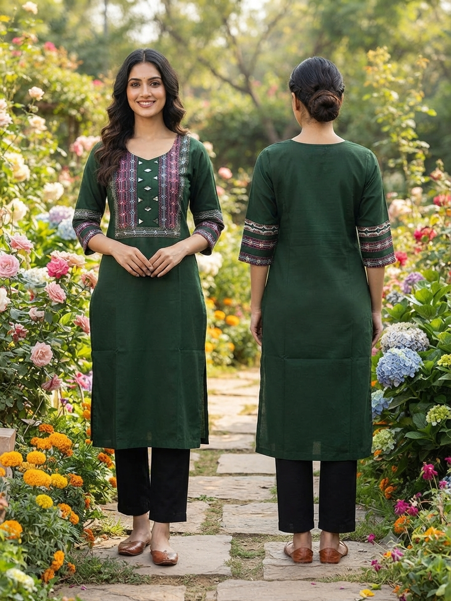 Beautiful Cotton Straight Cut Kurthi with Block Prints and Mirror Work - Design Code 255
