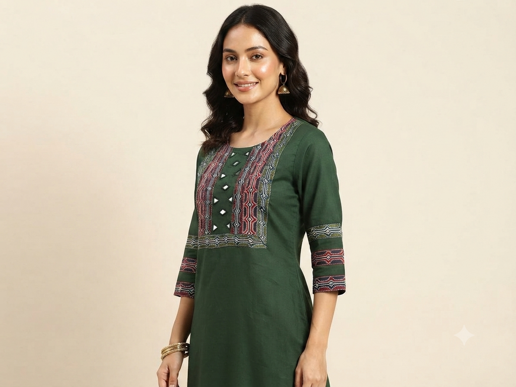 Beautiful Cotton Straight Cut Kurthi with Block Prints and Mirror Work - Design Code 255