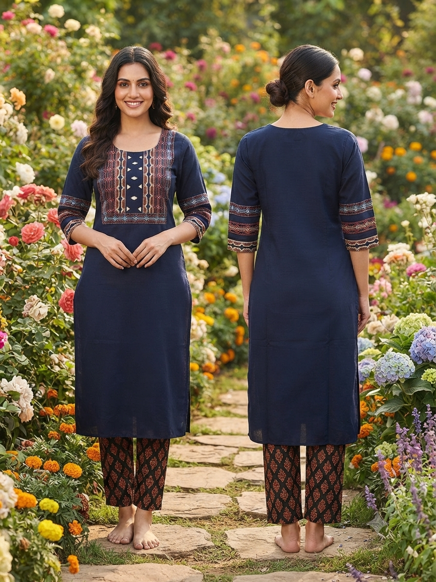 Beautiful Cotton Straight Cut Kurthi with Block Prints and Mirror Work - Design Code 256