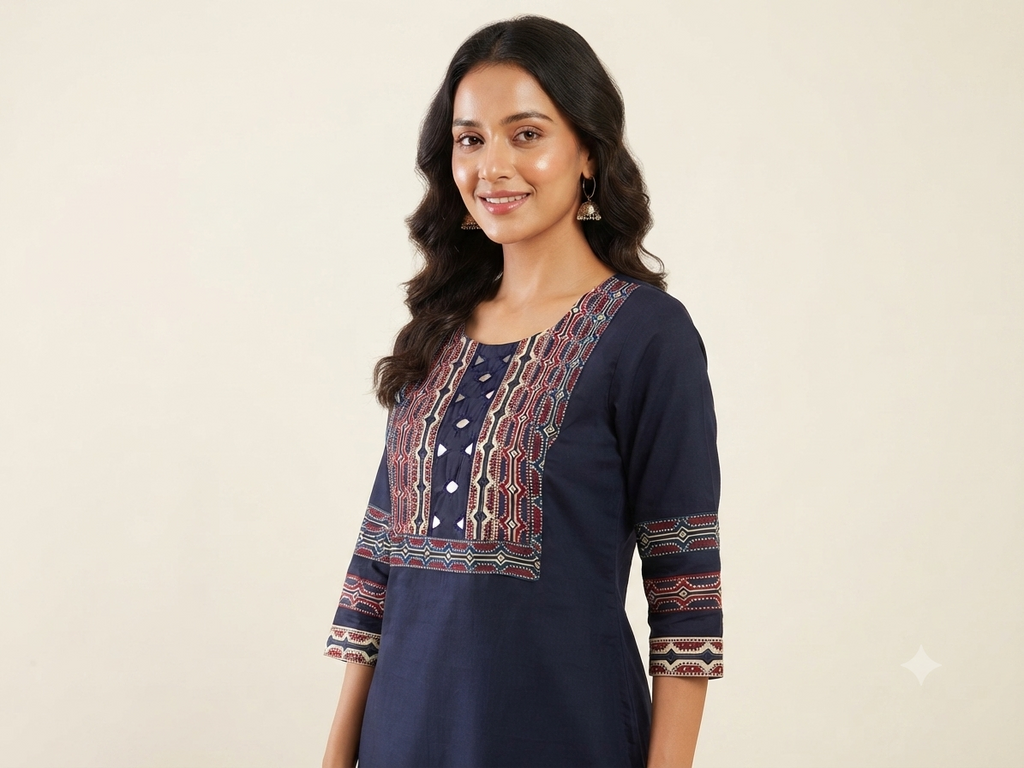 Beautiful Cotton Straight Cut Kurthi with Block Prints and Mirror Work - Design Code 256