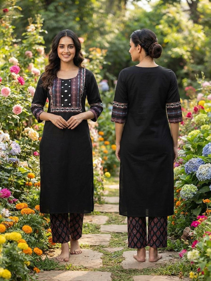 Beautiful Cotton Straight Cut Kurthi with Block Prints and Mirror Work - Design Code 257