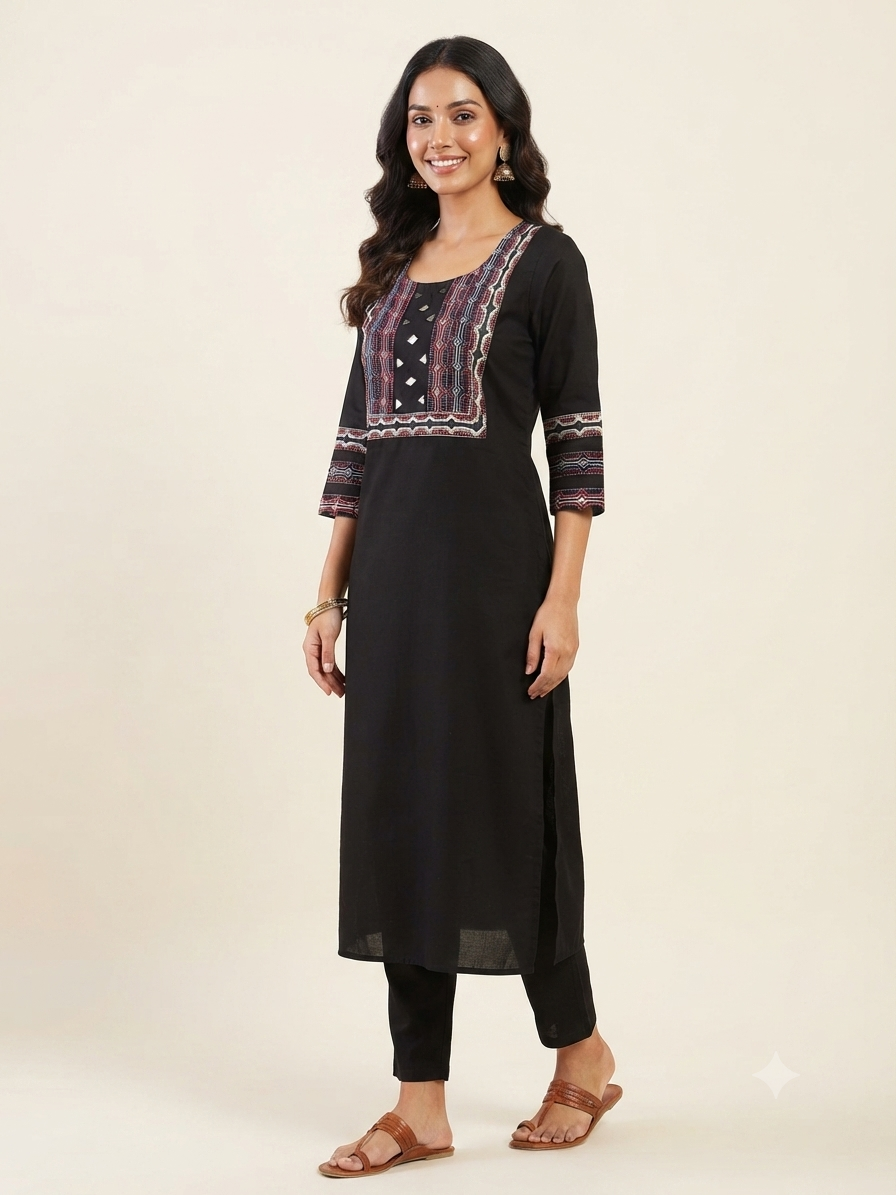 Beautiful Cotton Straight Cut Kurthi with Block Prints and Mirror Work - Design Code 257