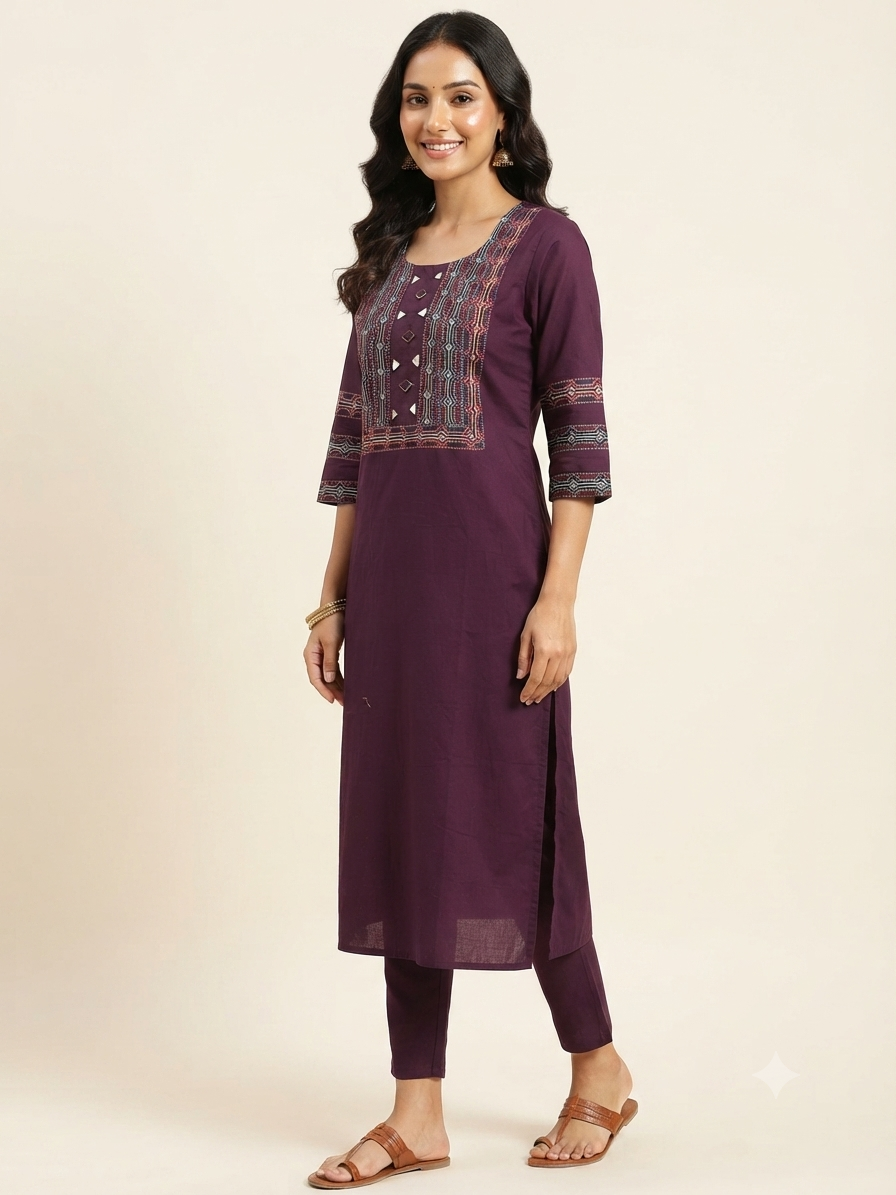 Beautiful Cotton Straight Cut Kurthi with Block Prints and Mirror Work - Design Code 258