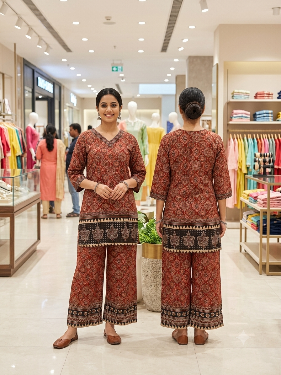 Beautiful Cotton Co-Ord Set with Ajarak Prints in Short top and Pant - Design Code UT00266