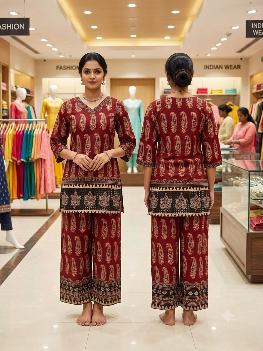 Beautiful Cotton Co-Ord Set with Ajarak Prints in Short top and Pant - Design Code UT00266
