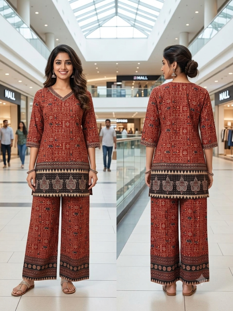 Beautiful Cotton Co-Ord Set with Ajarak Prints in Short top and Pant - Design Code UT00266