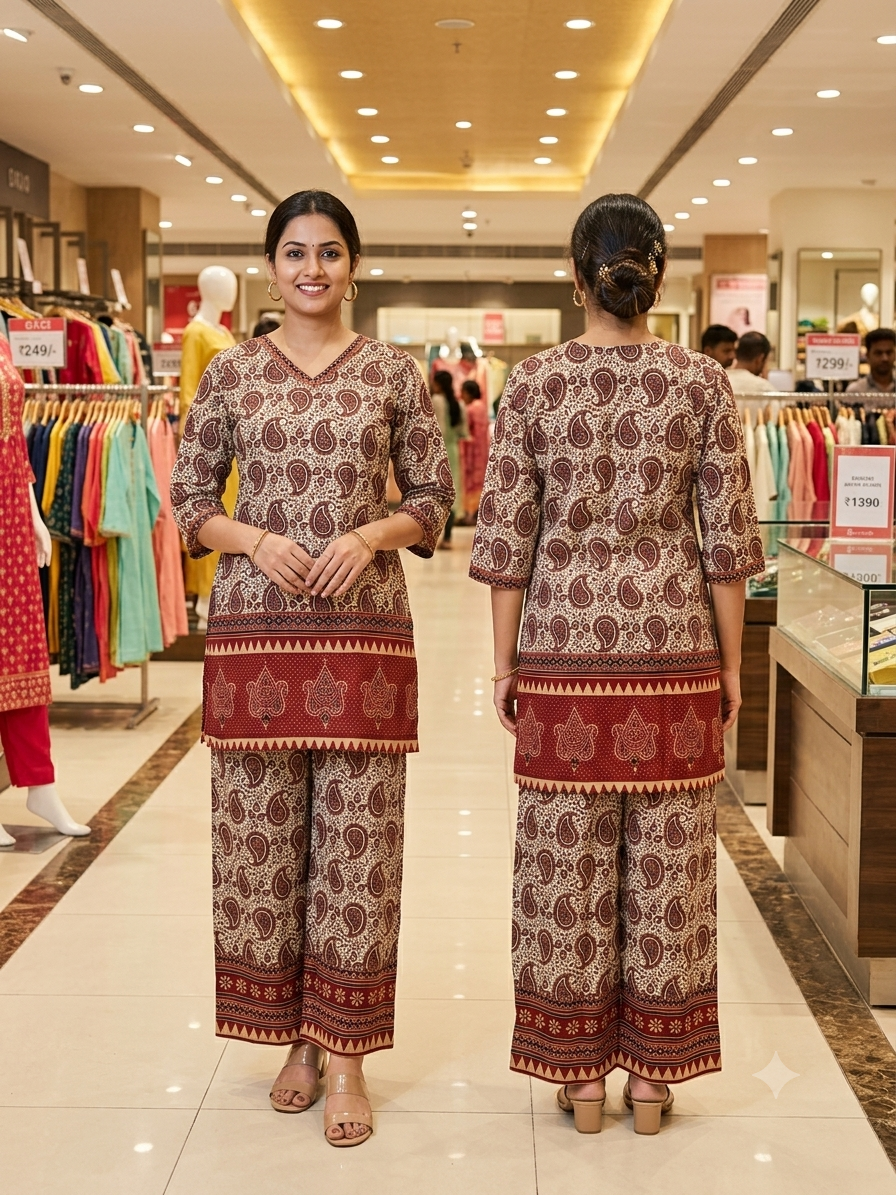 Beautiful Cotton Co-Ord Set with Ajarak Prints in Short top and Pant - Design Code UT00266