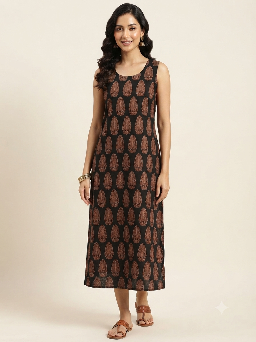 Beautiful Cotton Straight Cut Sleeveless Kurthi with Block Prints Black Color - Design Code 267