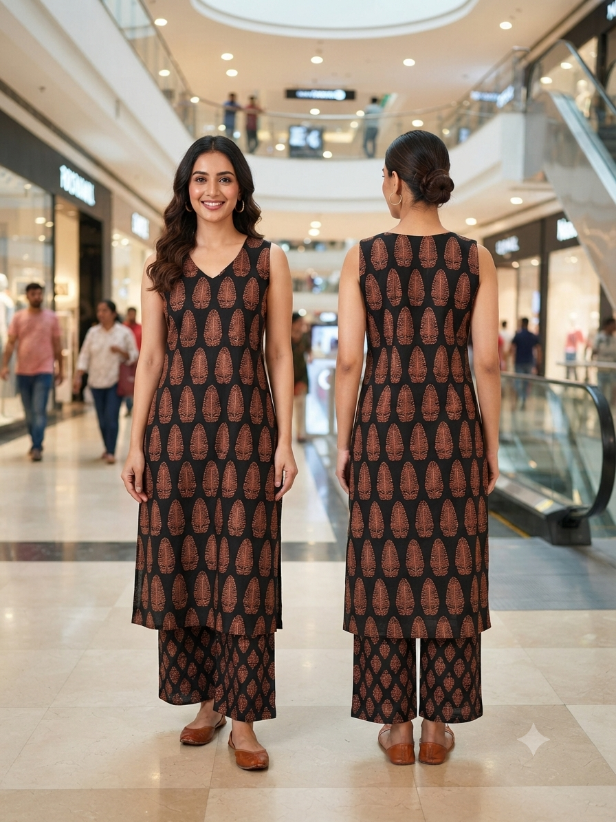Beautiful Cotton Straight Cut Sleeveless Kurthi with Block Prints Black Color - Design Code 267