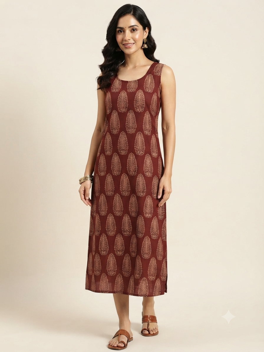 Beautiful Cotton Straight Cut Sleeveless Kurthi with Block Prints Maroon Color - Design Code 268