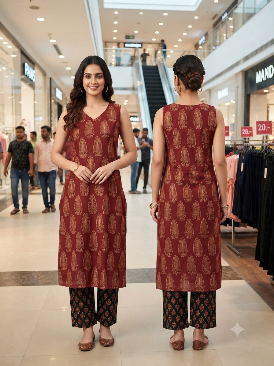 Beautiful Cotton Straight Cut Sleeveless Kurthi with Block Prints Maroon Color - Design Code 268
