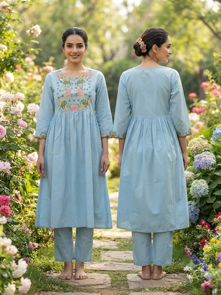 Beautiful Cotton Co-Ord Set with Embroidary in Umbrella Type top with Pant - Design Code UT00280