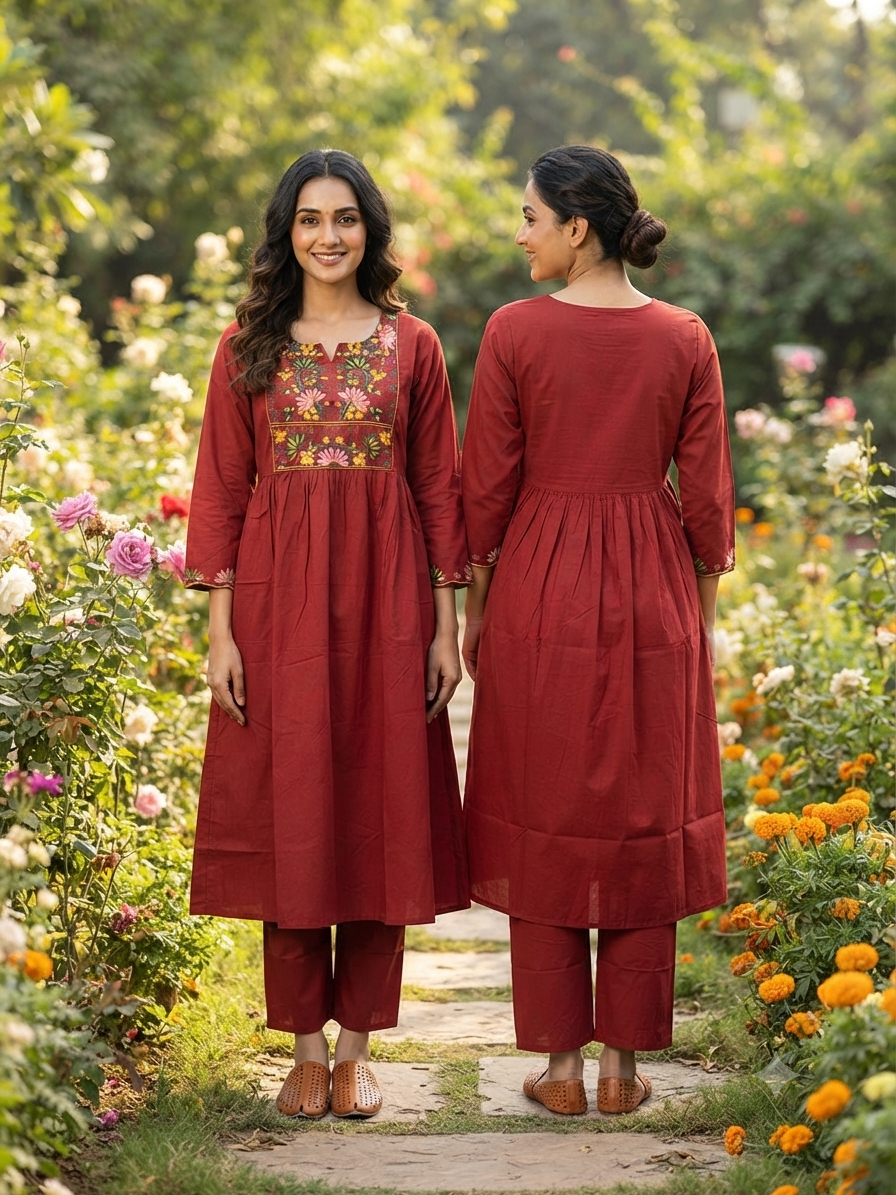 Beautiful Cotton Co-Ord Set with Embroidary in Umbrella Type top with Pant - Design Code UT00281