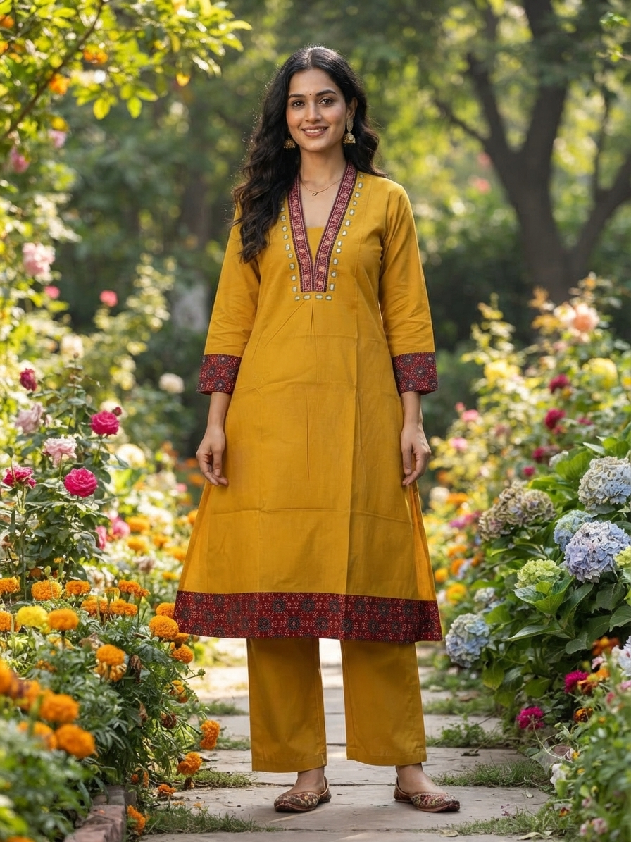 Premium Cotton Co-Ord Set with V-Neck Top in Mustard Color - Design Code UT00300