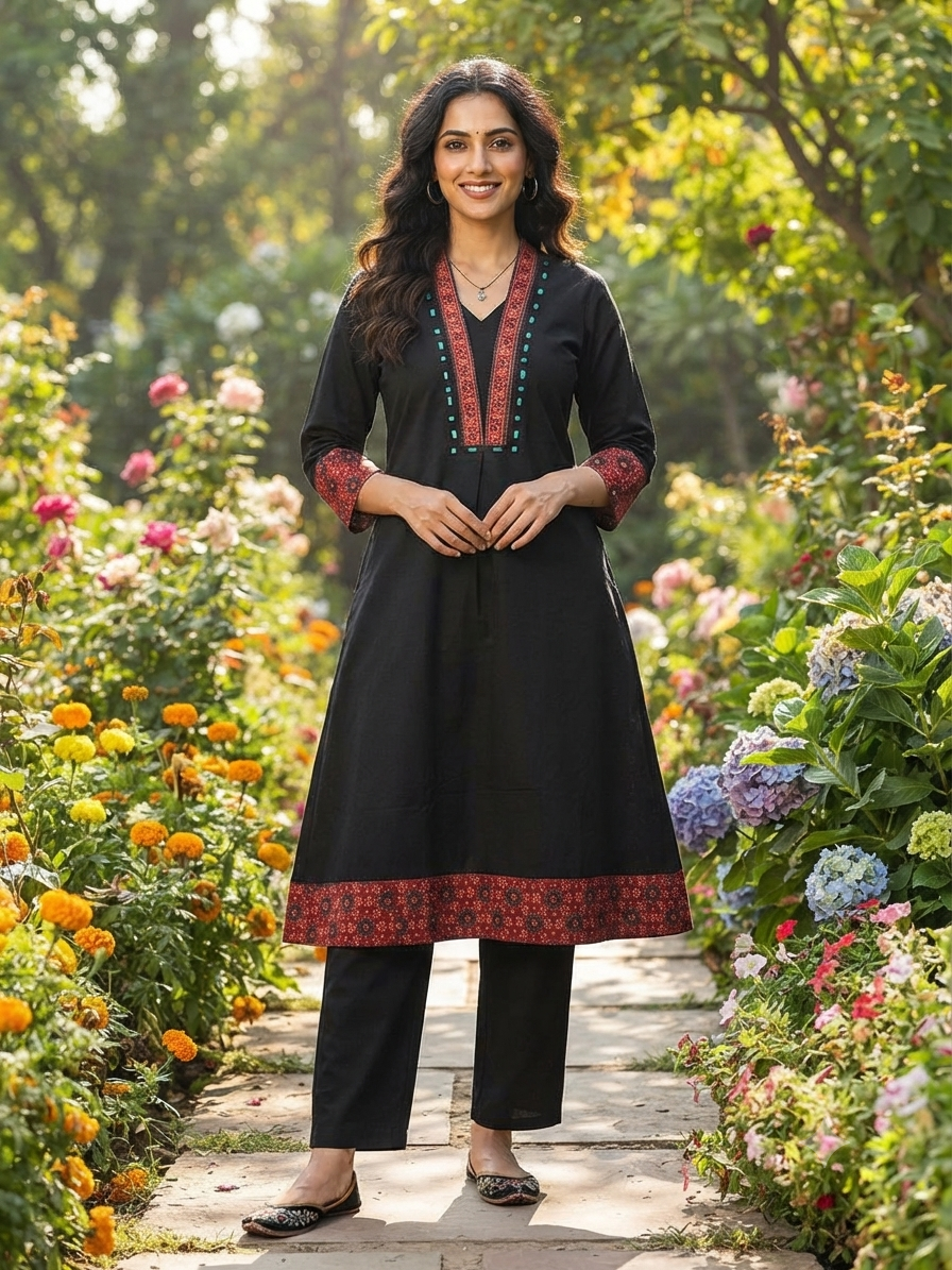 Premium Cotton Co-Ord Set with V-Neck Top in Black Color - Design Code UT00301