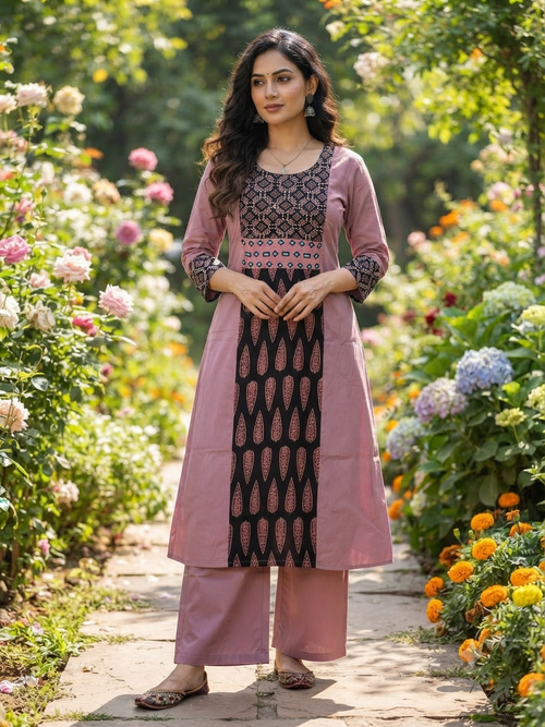 Premium Cotton Co-Ord Set with U-Neck Long Top in Blue and Purple Color - Design Code UT00303
