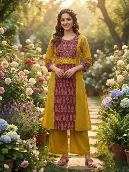Premium Cotton Co-Ord Set with U-Neck Long Top in Mustard Color - Design Code UT00304
