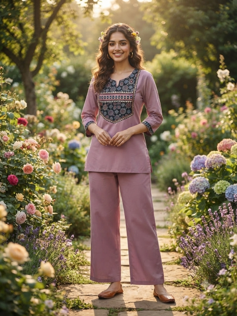 Premium Cotton Co-Ord Set with U-Neck Short Top in Purple Color - Design Code UT00307