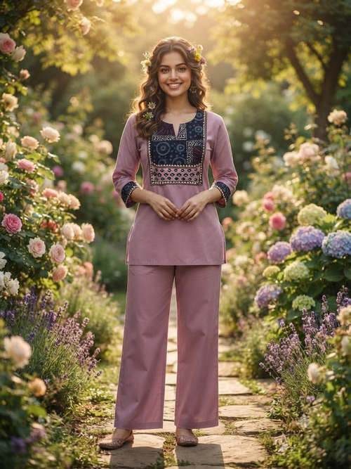 Premium Cotton Co-Ord Set with U-Neck Short Top in Purple Color - Design Code UT00307