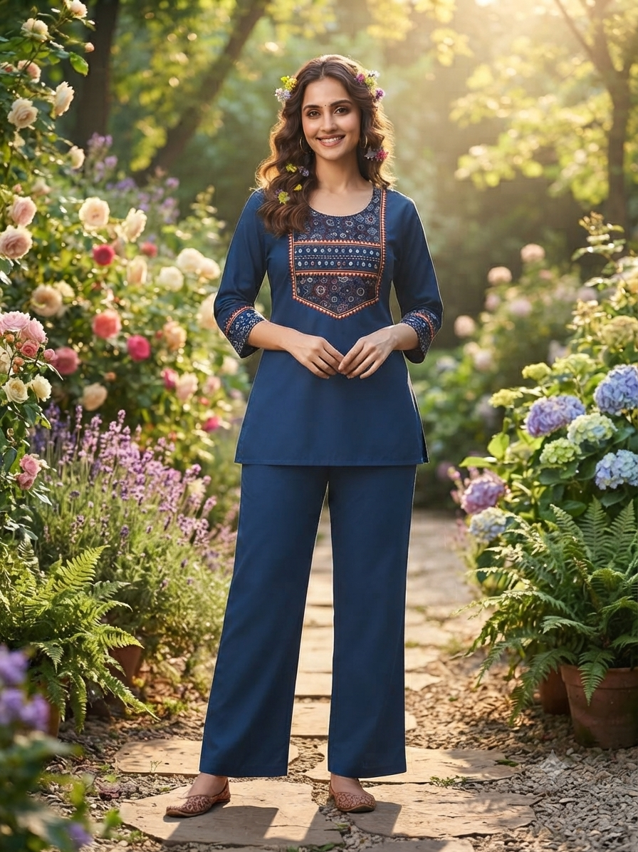 Premium Cotton Co-Ord Set with U-Neck Short Top in Blue Color - Design Code UT00308
