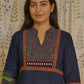 Blue straight cut kurti with handcrafted mirror accents and collar neck