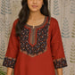 Traditional ajarakh design maroon kurti with round neck and 3/4 sleeves