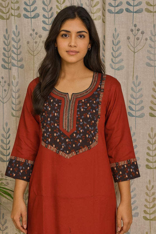 Traditional ajarakh design maroon kurti with round neck and 3/4 sleeves