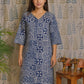 Front view of blue cotton kurti with V-neck and Bagru print