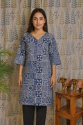 Front view of blue cotton kurti with V-neck and Bagru print