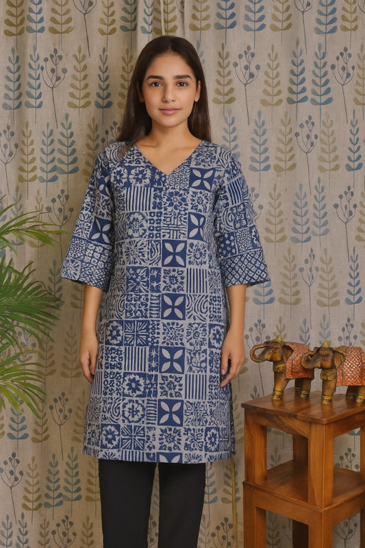 Front view of blue cotton kurti with V-neck and Bagru print