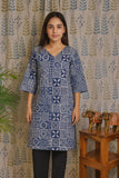 Front view of blue cotton kurti with V-neck and Bagru print