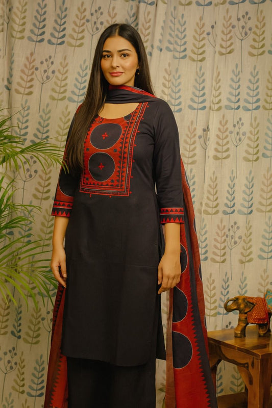 Front view of blue cotton kurti with Ajarakh print on yoke and sleeves