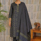 Front view of blue mixed cotton kurti set with digital print and zari neckline
