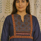 Elegant blue cotton kurti with mirror work and ajarakh printed yoke