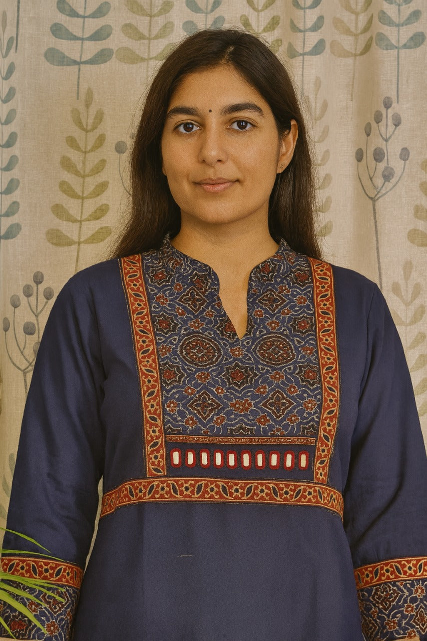 Elegant blue cotton kurti with mirror work and ajarakh printed yoke