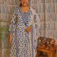 Front view of blue cotton kurti set with floral dupatta and pant