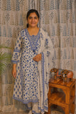 Front view of blue cotton kurti set with floral dupatta and pant