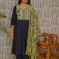 Front view of blue-green cotton kurti set with embroidery and dupatta