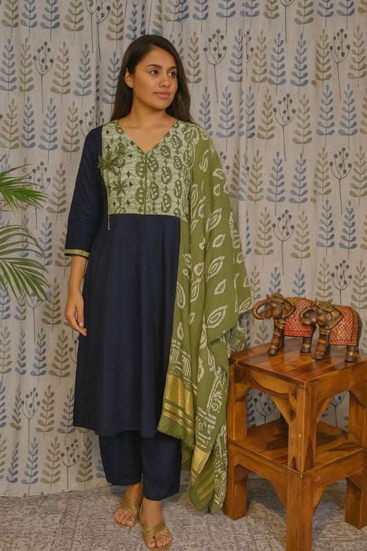 Front view of blue-green cotton kurti set with embroidery and dupatta