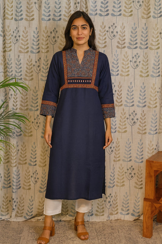 Blue khadi cotton kurti with Chinese collar and ajarakh print design
