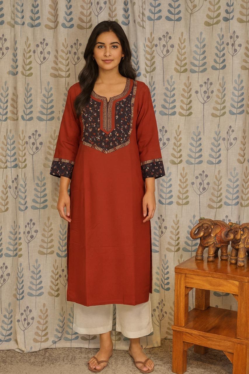Ethnic maroon kurti in breathable cotton with traditional styling