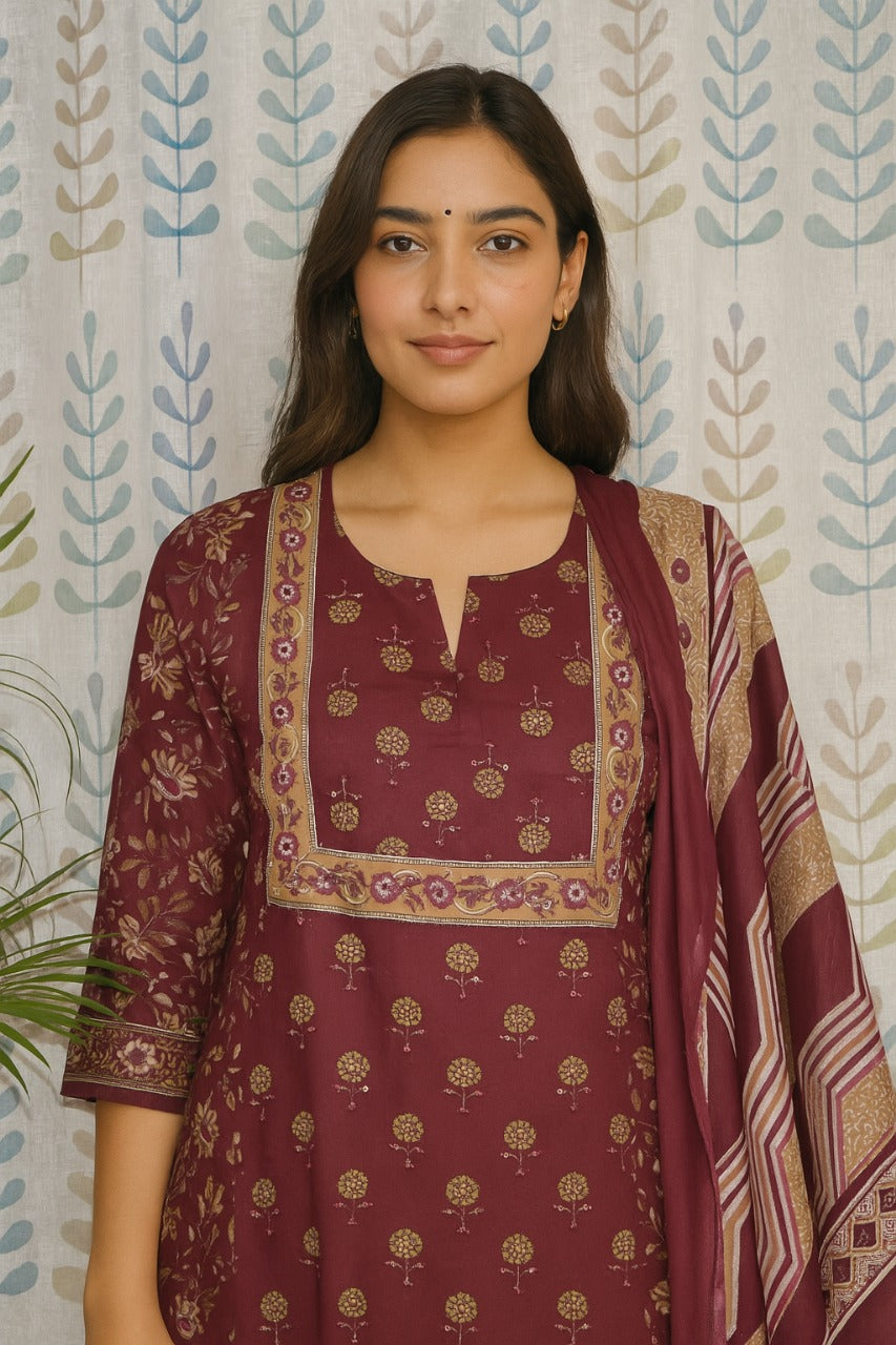 Violet ethnic 3-piece kurti set with straight pants