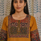 Traditional yellow kurti in khadi cotton with ajarakh print on yoke and sleeves