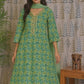 Front view of green cotton Anarkali kurti set with zari V-neck and printed design
